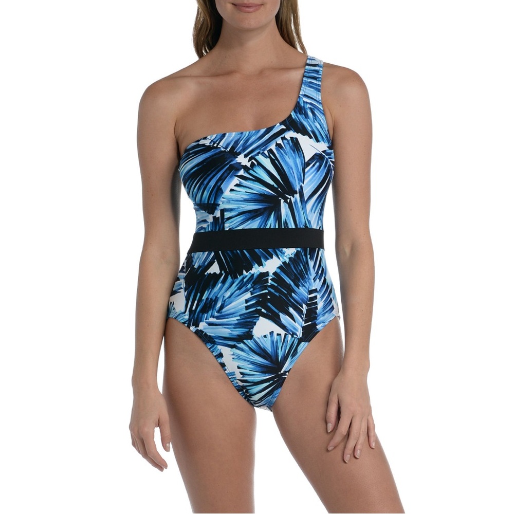 Mynah Large One Piece Swimsuit Asymmetrical LaceUp Back Tropic Goddess Blue NWT